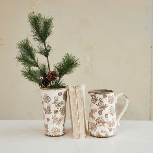 Evergreen Boughs & Pinecone Stoneware Pitcher