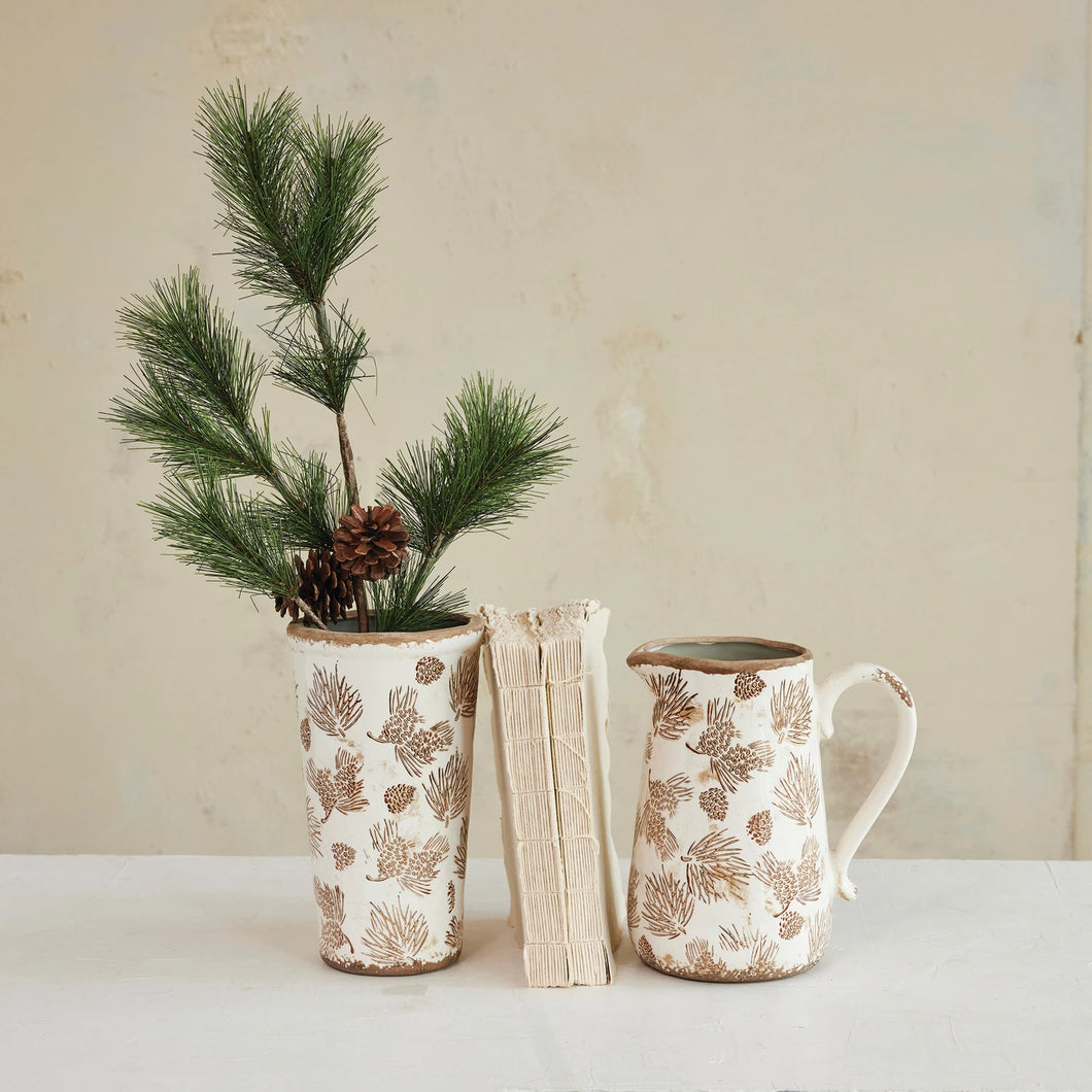 Evergreen Boughs & Pinecone Stoneware Pitcher